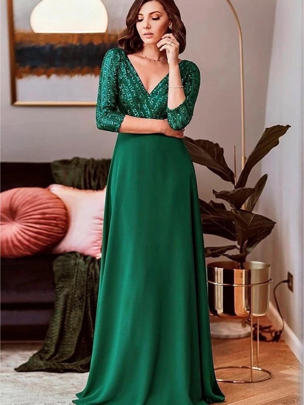 Ever-Pretty Shiny 3/4 Sleeves Sequin Bodice Maxi Evening Dress Green